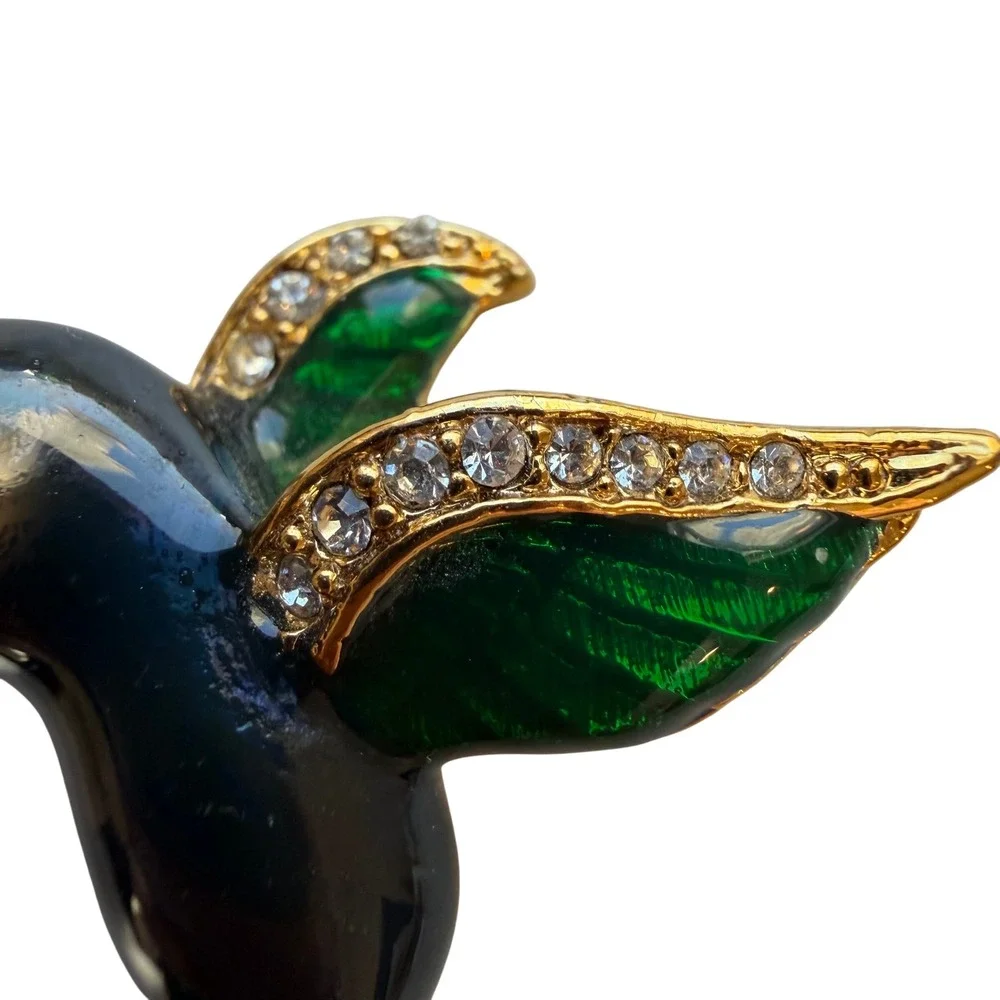 Hummingbird Brooch Enamel‎ Rhinestone Gold Tone Green Black Bird Pin 2 Inch